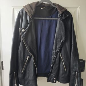 Free People Black Leather Hooded Moto Jacket